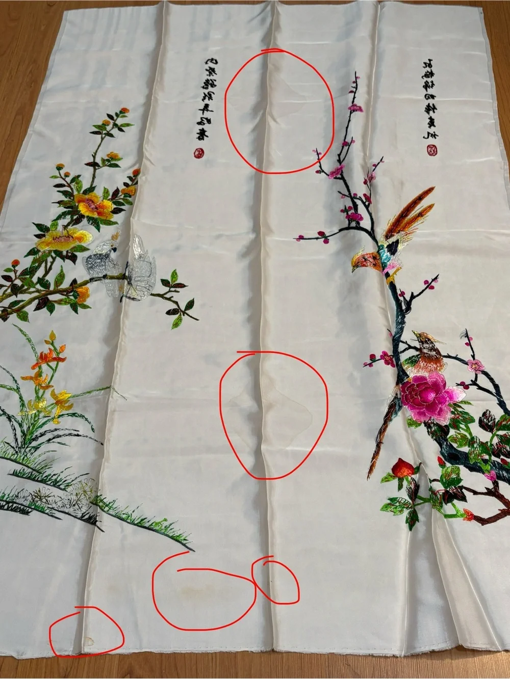Vintage Chinese Silk Embroidered Bird & Blossom Wall Panel in White